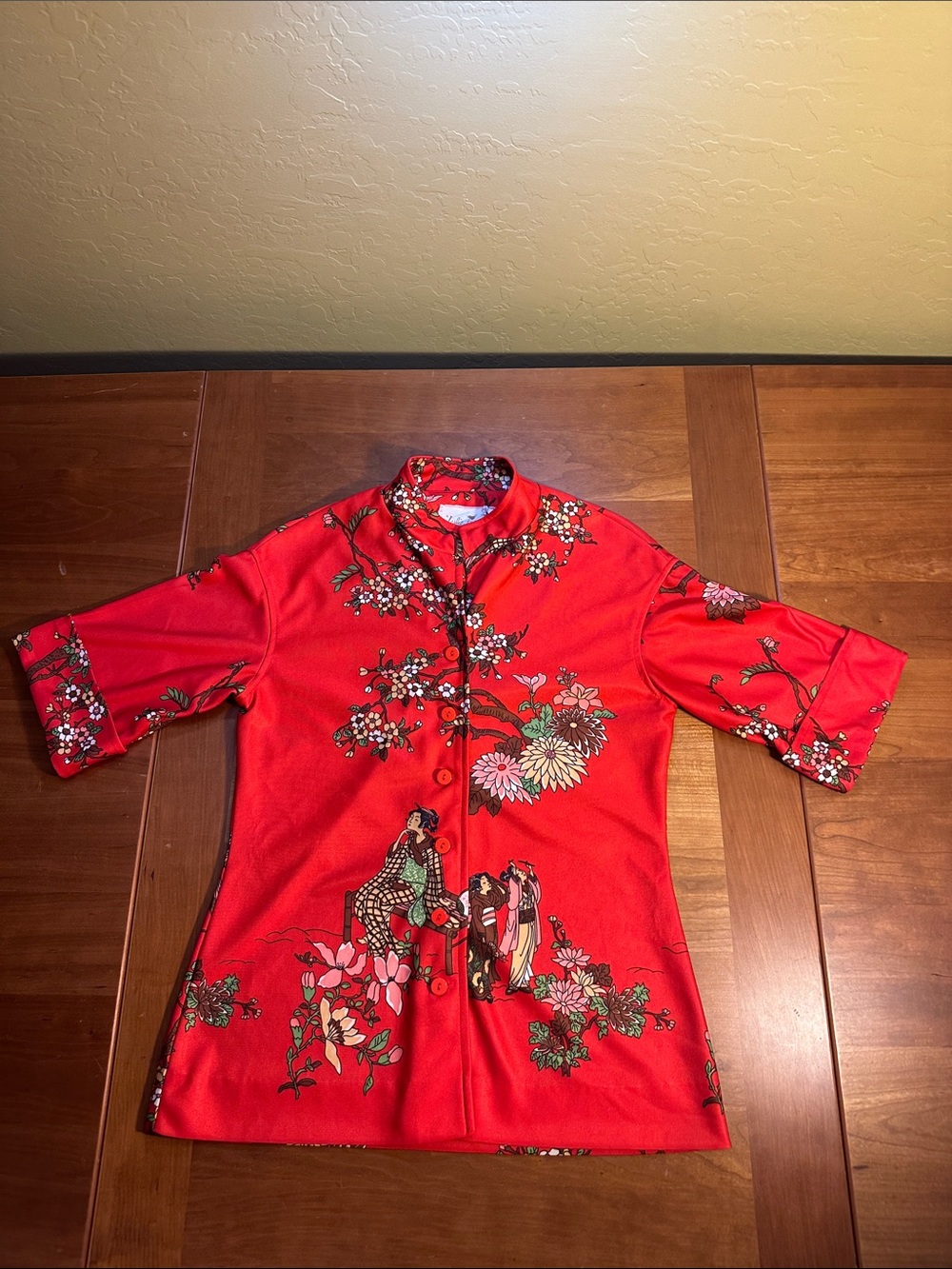 Leslie Fay Vintage Red Floral Asian-Inspired Button Shirt